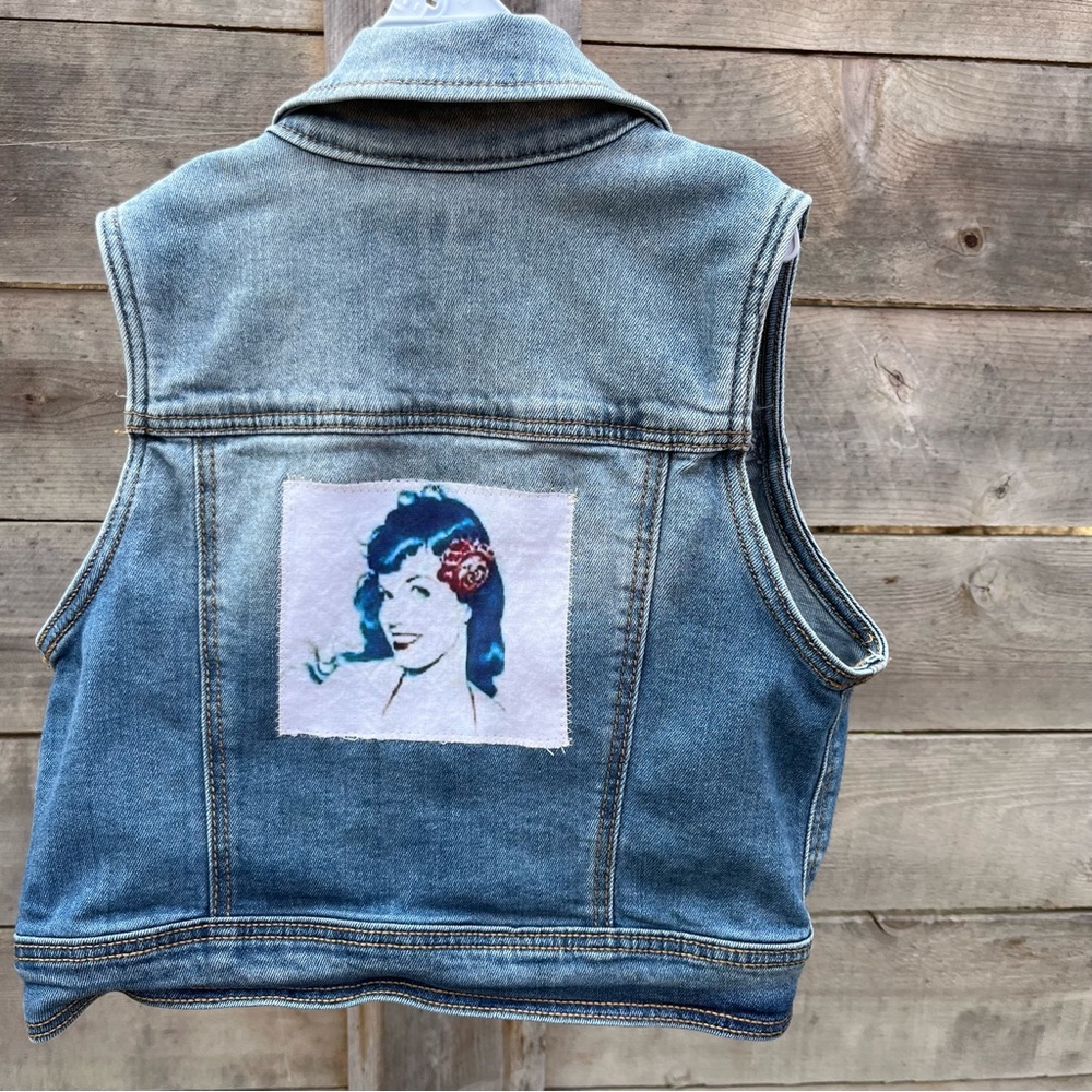 Bettie Page  stitched appliqué on Blue Denim Vest year around fun.